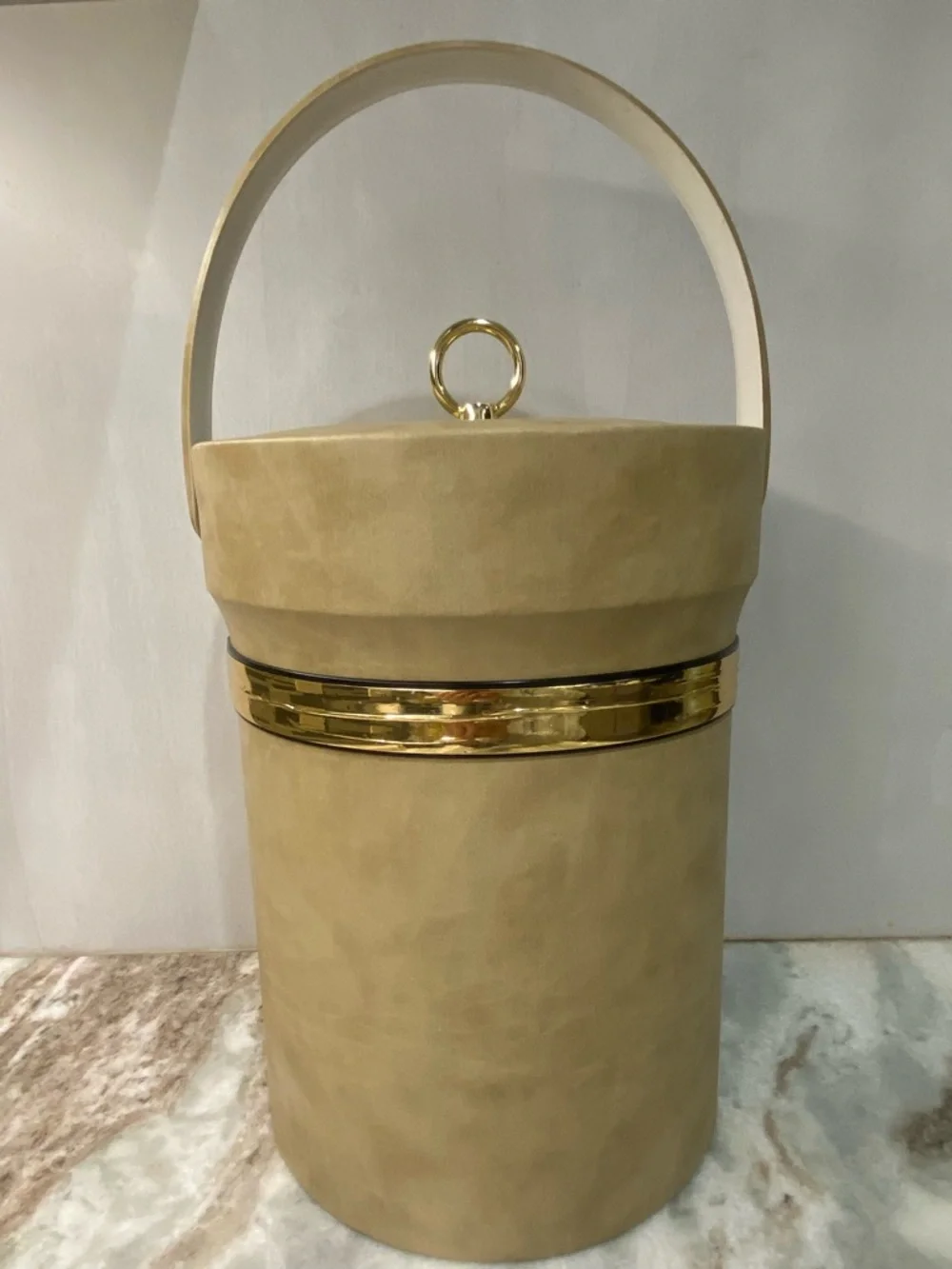 Vintage Shelton Ware MCM Faux Leather Ice Bucket Gold Trim